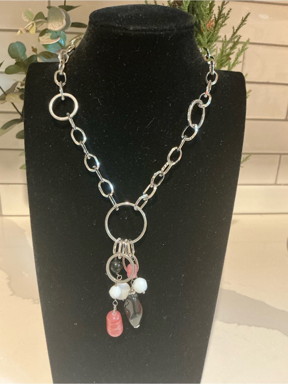 Silver Chain Pendant Necklace with Pink and White Charms